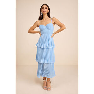 Lulus Cascading Crush Light Blue Tiered Bustier Midi Dress - Size L